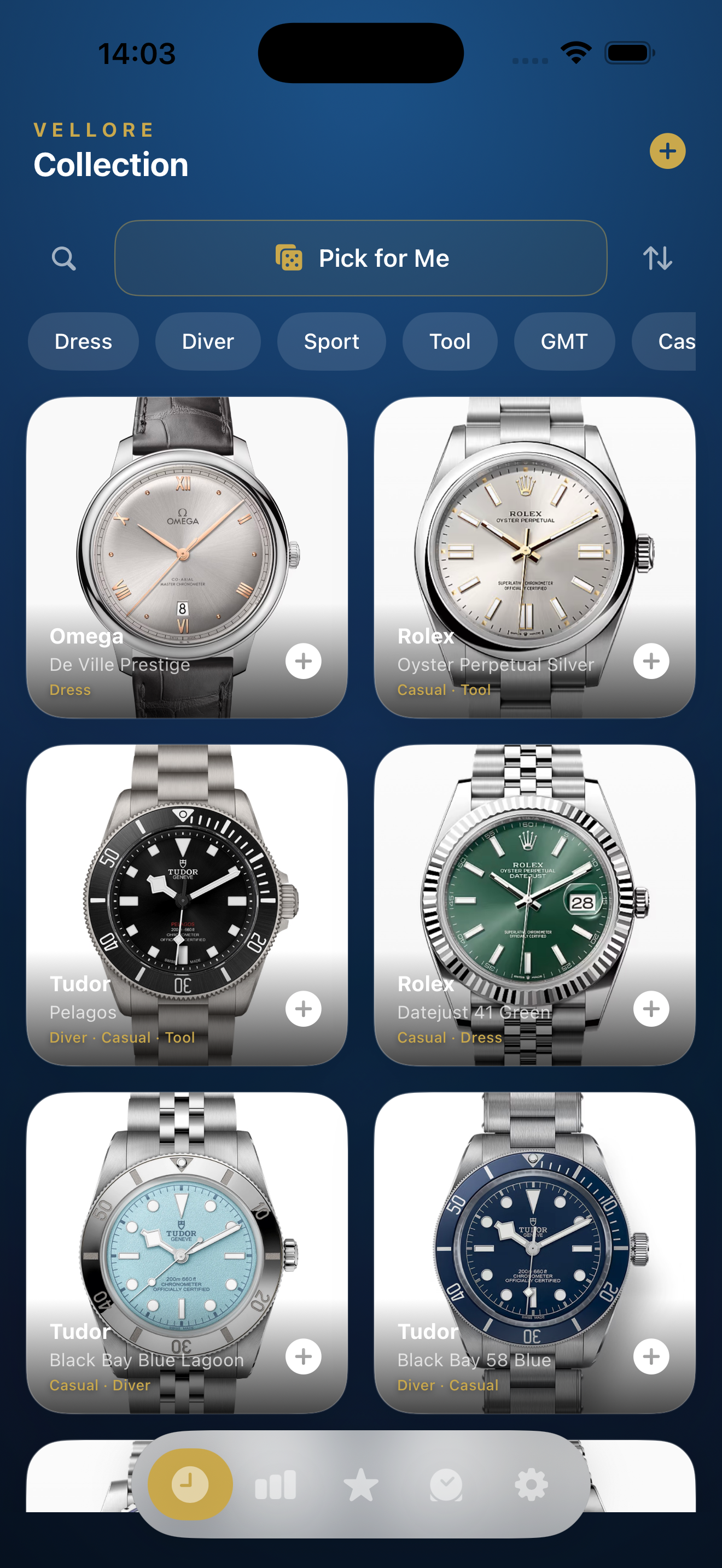 Vellore watch library showing a beautiful collection grid with custom color tags