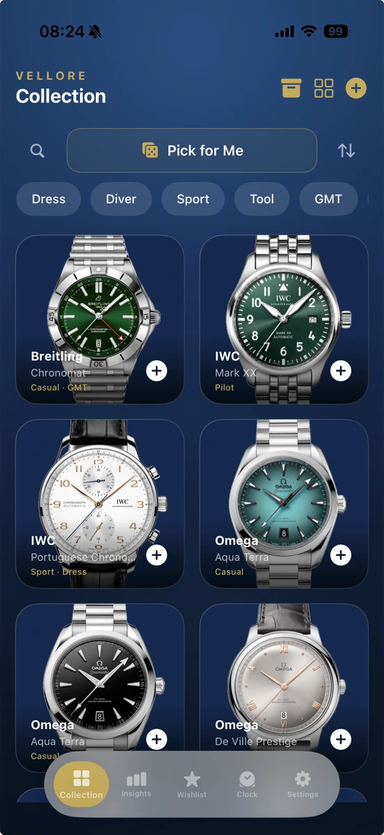 Vellore watch collection library with luxury watches, color tags, and quick-add buttons